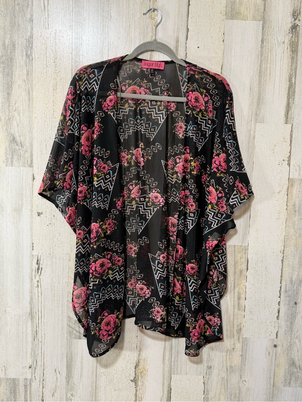 Floral Sheer Kimono Oversized Coverup in Black with Pink Roses - Picture 7 of 7